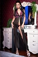 Long negligee, sheer mesh and lace, front closure, satin bow, high slit